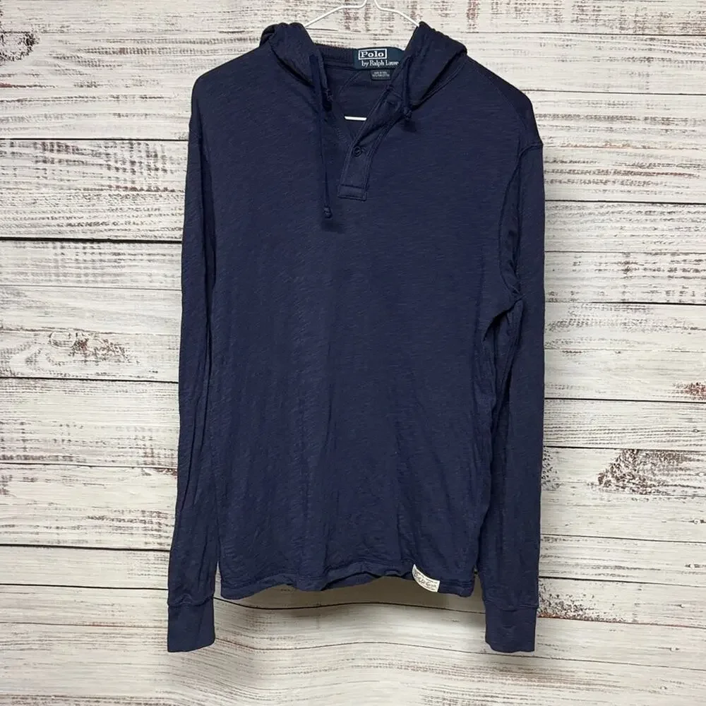 Polo Ralph Lauren Men's Hooded Henley Shirt Blue Medium